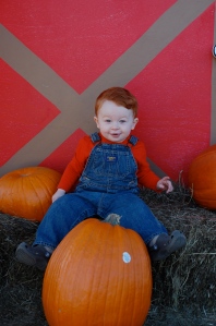 don't know who is more orange, the child or the pumpkin?